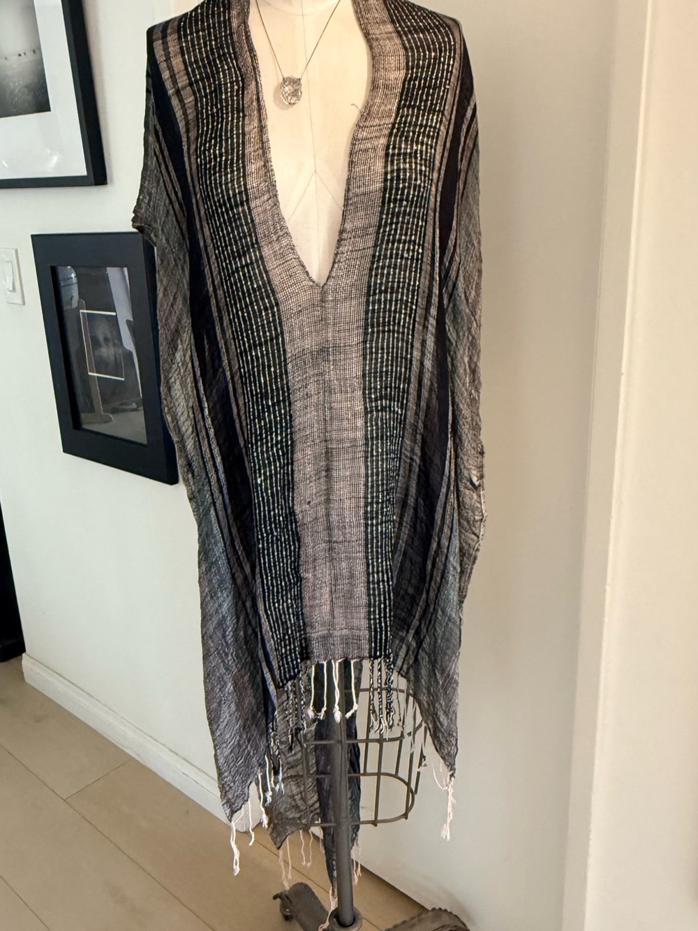 Free People Black and Cream Striped Boho Caftan